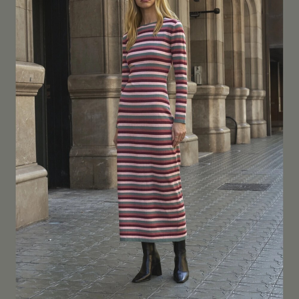 Pink / Gray / Red Striped Knit Long Sleeve Round Neck Maxi Sweater Dress